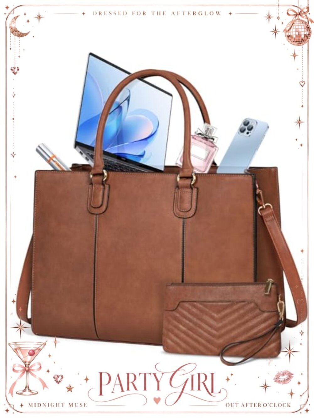 15.6 Inch Laptop Tote Bag PU Leather Briefcase Work Bag w/ Clutch Purse